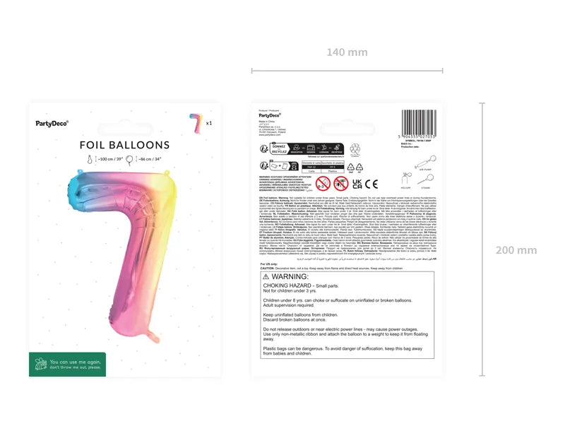 Pastel Rainbow Number 7 Foil balloon, 86cm - Anilas UK