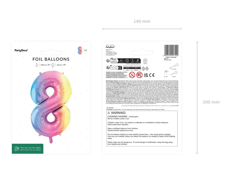 Pastel Rainbow Number 8 Foil balloon, 86cm - Anilas UK