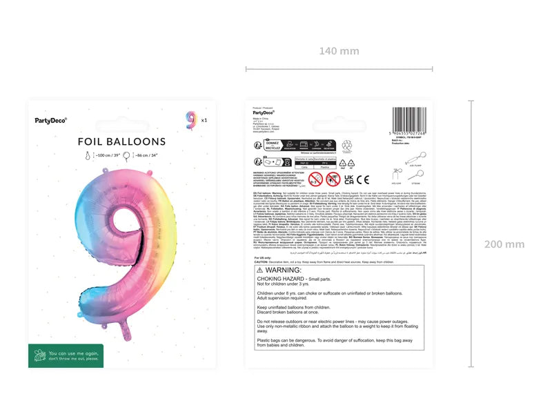Pastel Rainbow Number 9 Foil balloon, 86cm - Anilas UK