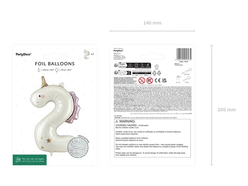Unicorn Number 2 Foil balloon, 93cm - Anilas UK