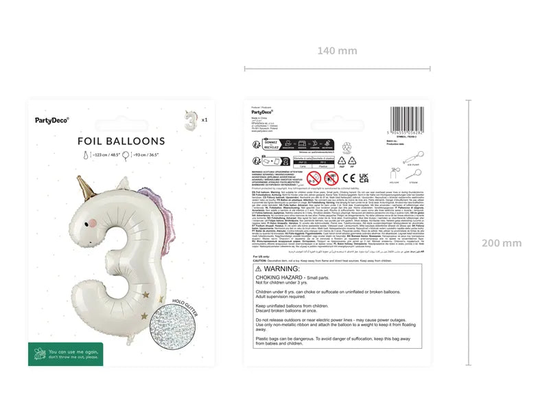 Unicorn Number 3 Foil Balloon, 93cm - Anilas UK