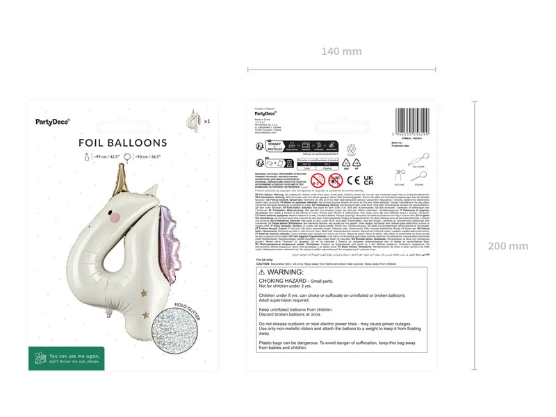 Unicorn Number 4 Foil balloon, 93cm - Anilas UK
