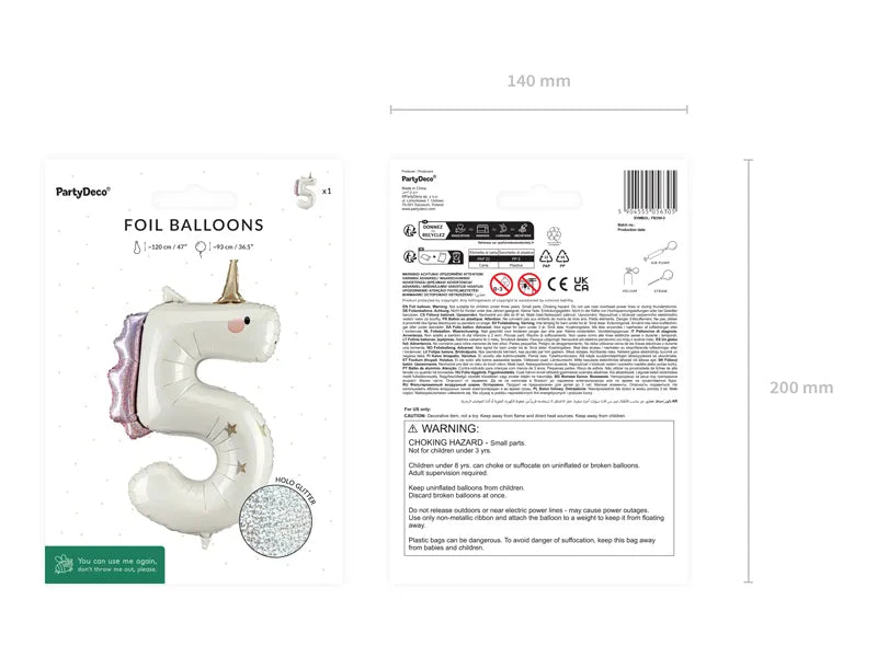 Unicorn Number 5 Foil balloon, 93cm - Anilas UK