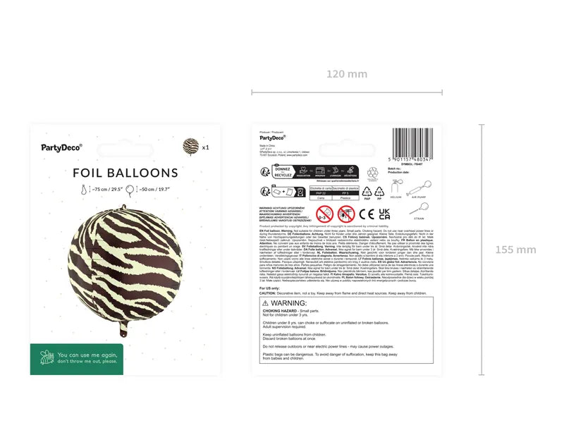 Foil balloon Zebra Stripes Ball, 75 cm - Anilas UK