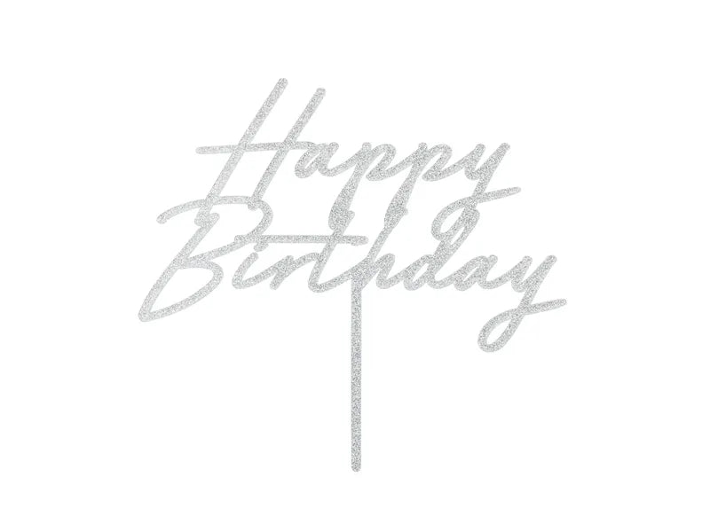 Cake topper Happy Birthday, 18x16.5 cm, silver glitter - Anilas UK