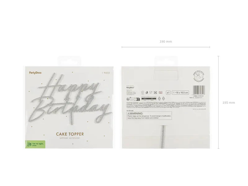 Cake topper Happy Birthday, 18x16.5 cm, silver glitter - Anilas UK