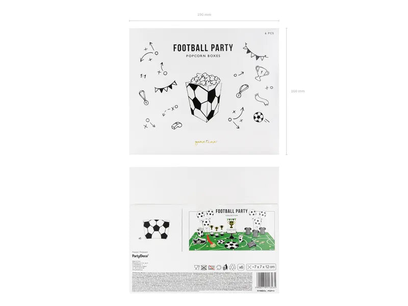 Football Paper Popcorn Boxes 7 x 7 x 12 cm (Pack of 6) - Anilas UK