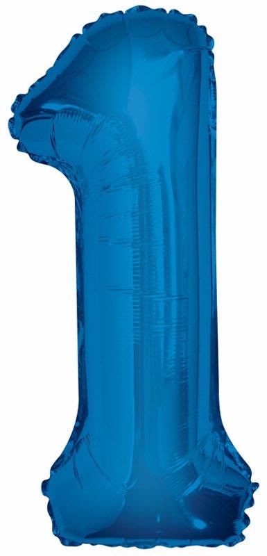 Blue Glitz Numeral 1 Foil Balloon inflated in shiny blue glitter shape, 86cm helium-ready for kids' parties