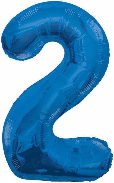 Blue Glitz Numeral 2 Foil Balloon inflated in shiny blue glitter shape, 86cm helium-ready for kids' parties