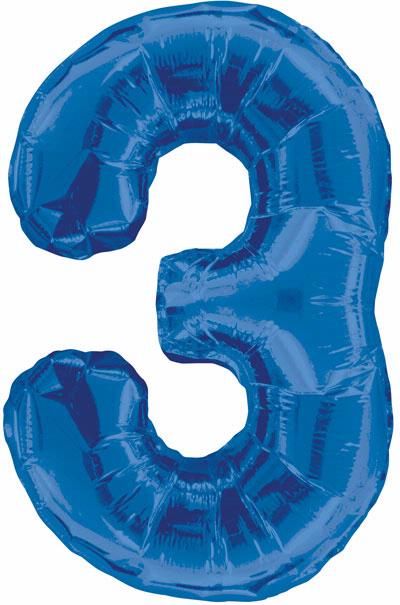Blue Glitz Numeral 3 Foil Balloon inflated in shiny blue glitter shape, 86cm helium-ready for kids' parties