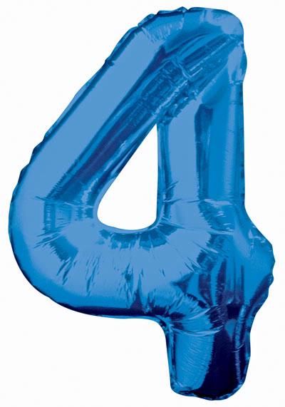 Blue Glitz Numeral 4 Foil Balloon inflated in shiny blue glitter shape, 86cm helium-ready for kids' parties