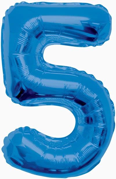 Blue Glitz Numeral 5 Foil Balloon inflated in shiny blue glitter shape, 86cm helium-ready for kids' parties