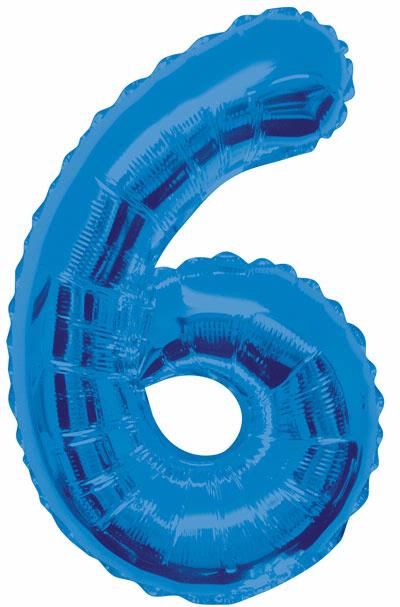Blue Glitz Numeral 6 Foil Balloon inflated in shiny blue glitter shape, 86cm helium-ready for kids' parties