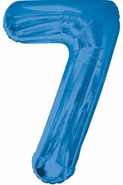 Blue Glitz Numeral 7 Foil Balloon inflated in shiny blue glitter shape, 86cm helium-ready for kids' parties