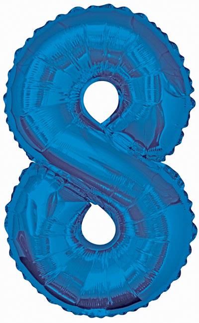 Blue Glitz Numeral 8 Foil Balloon inflated in shiny blue glitter shape, 86cm helium-ready for kids' parties
