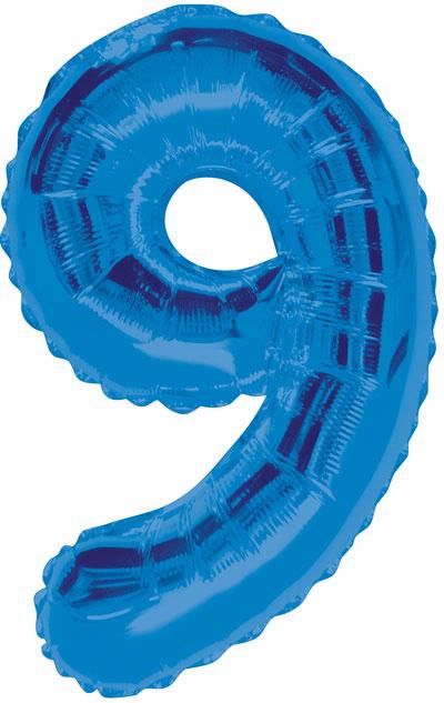 Blue Glitz Numeral 9 Foil Balloon inflated in shiny blue glitter shape, 86cm helium-ready for kids' parties
