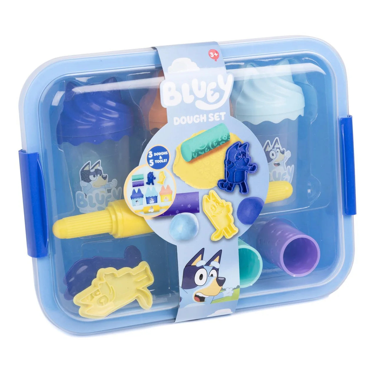 Bluey Dough Set with Storage Case front view showing colourful dough pots and tools on portable case for kids' creative play, aged 3+
