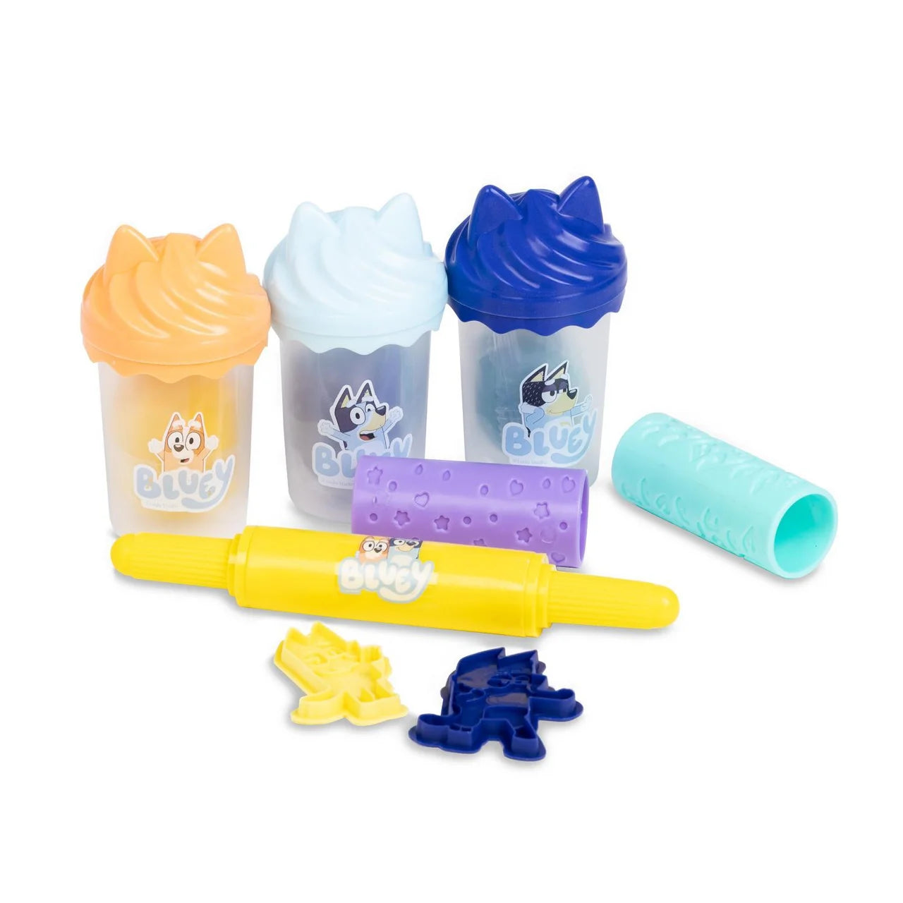 Interior of Bluey Dough Set storage case revealing cutters, rolling pin, and character moulds for imaginative dough adventures
