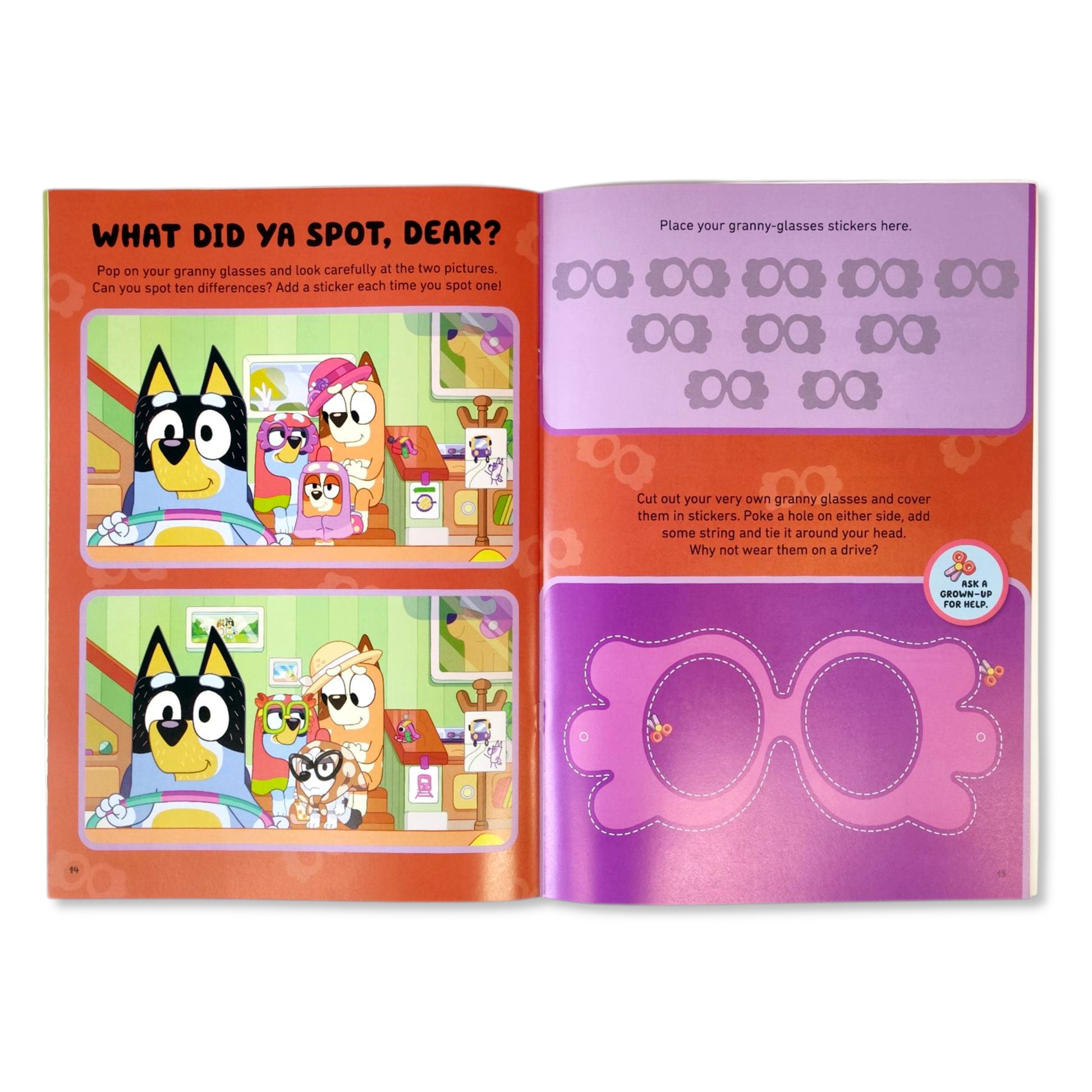 Close-up of over 50 Bluey stickers and granny play scenes from the activity book