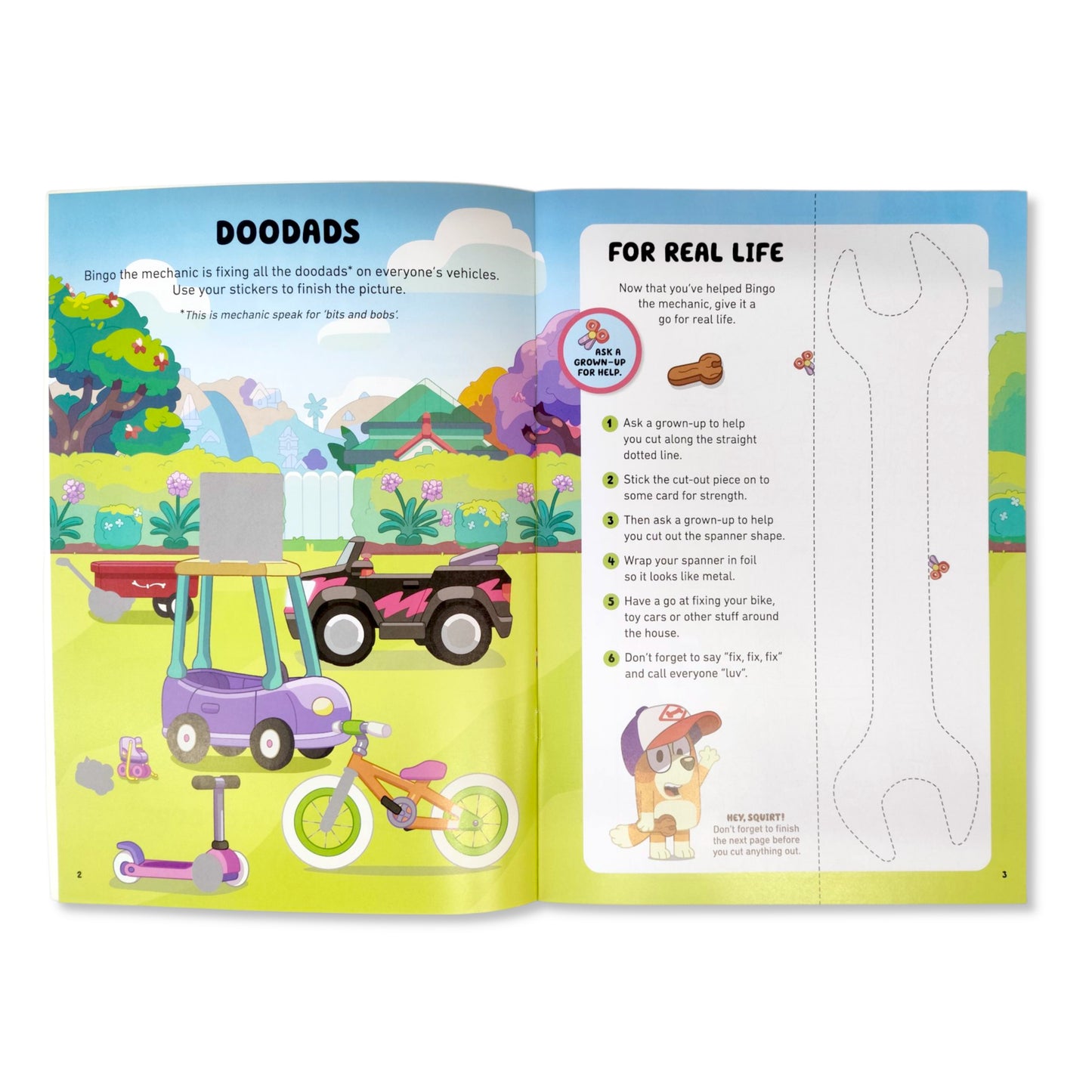 Close-up of over 60 Bluey stickers and beep beep play scenes from the activity book