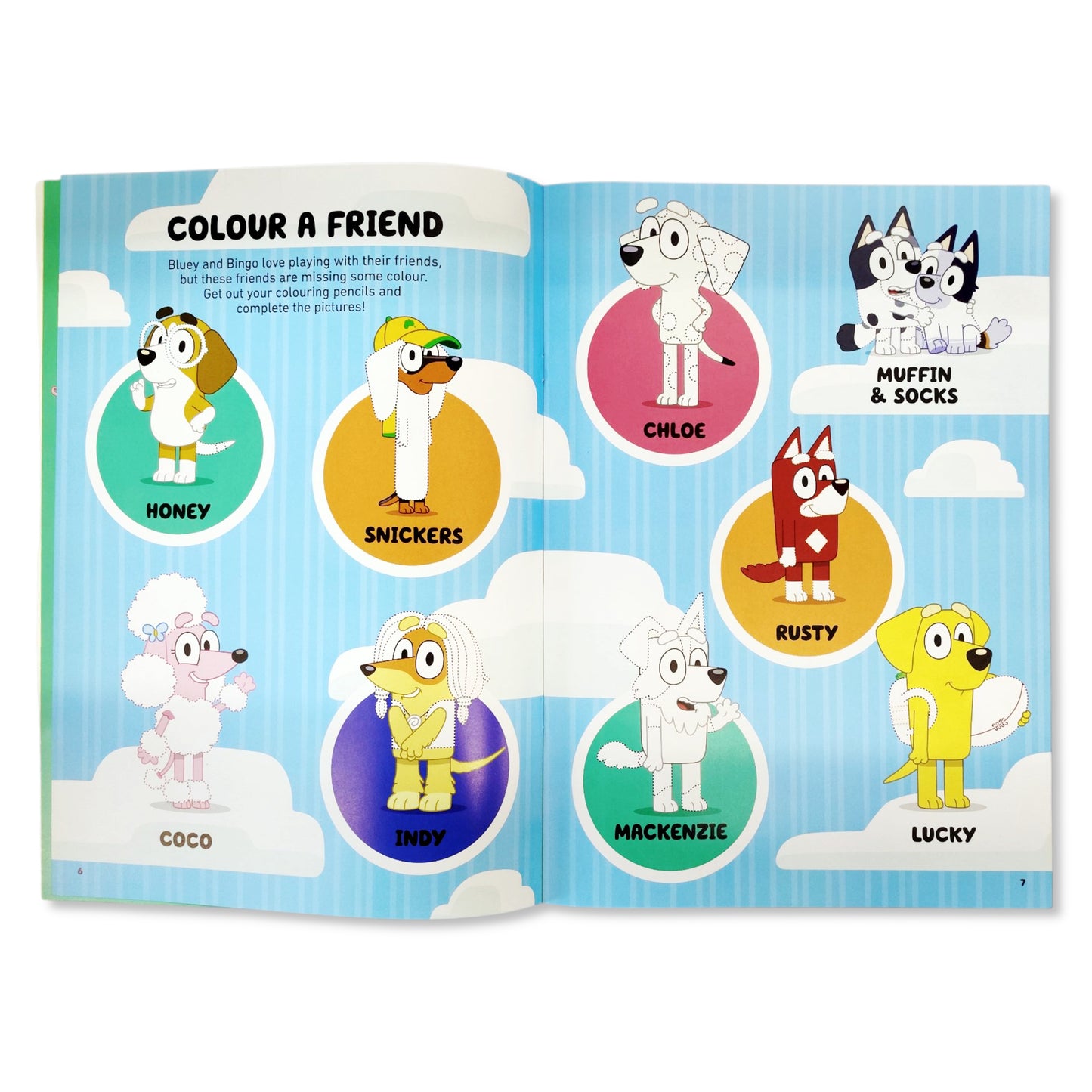 Sticker activity page from Bluey Time to Play book with colourful scenes to decorate