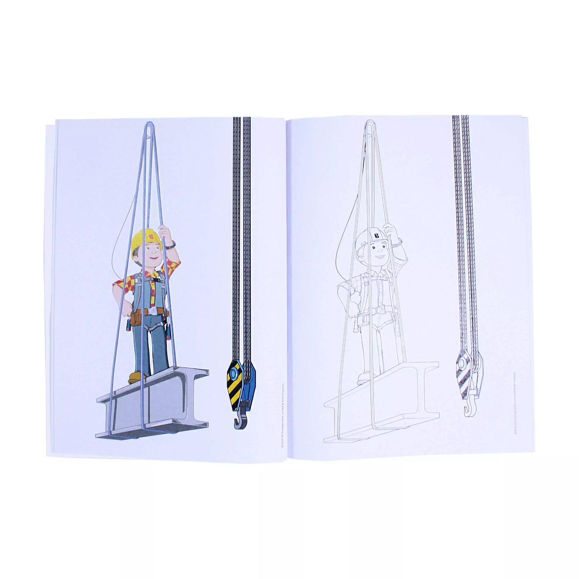 Interior spread of Bob the Builder Colouring 1 Book showing sample build scenes ready for kids' colourful creations