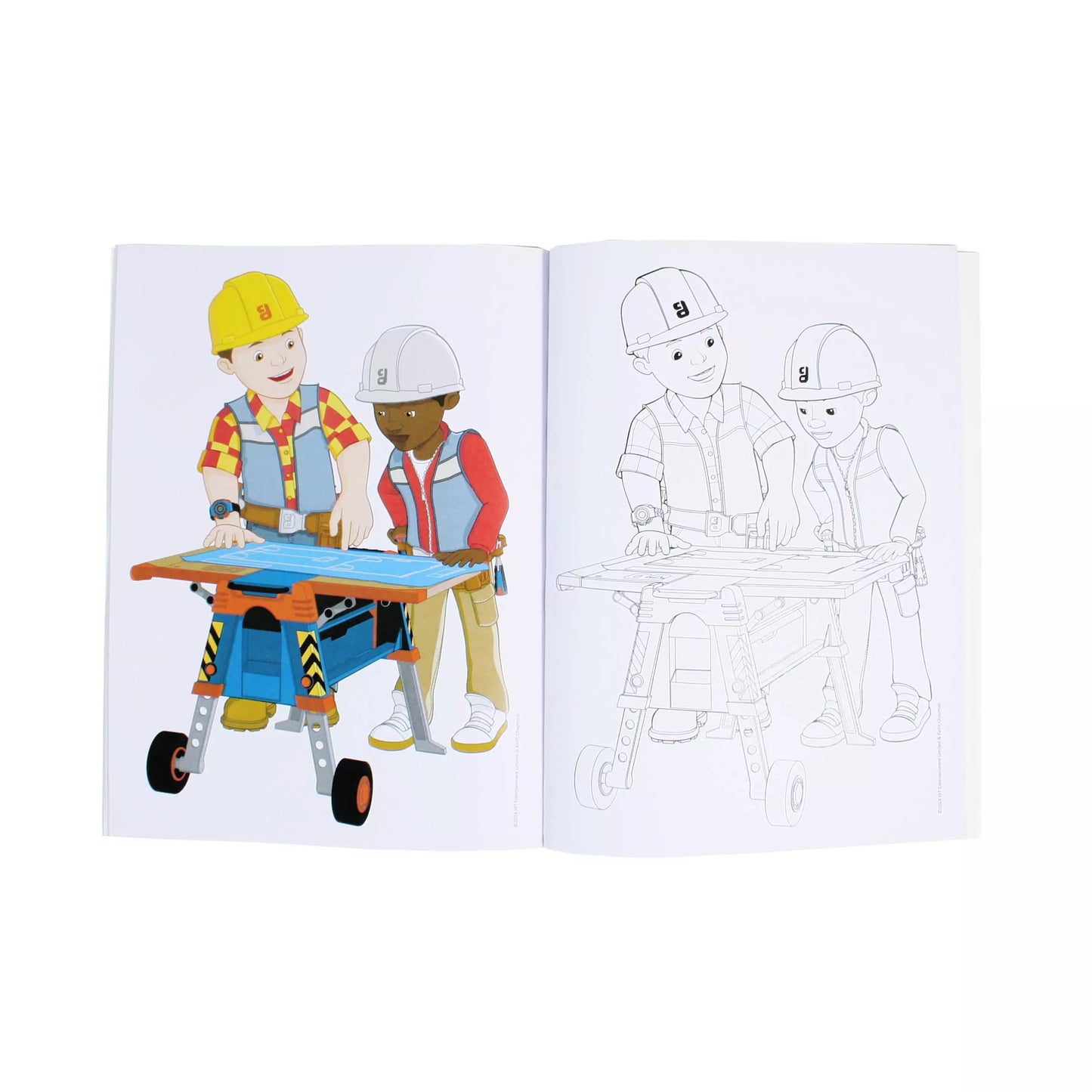 Interior spread of Bob the Builder Colouring 2 Book showing sample build scenes ready for kids' colourful creations
