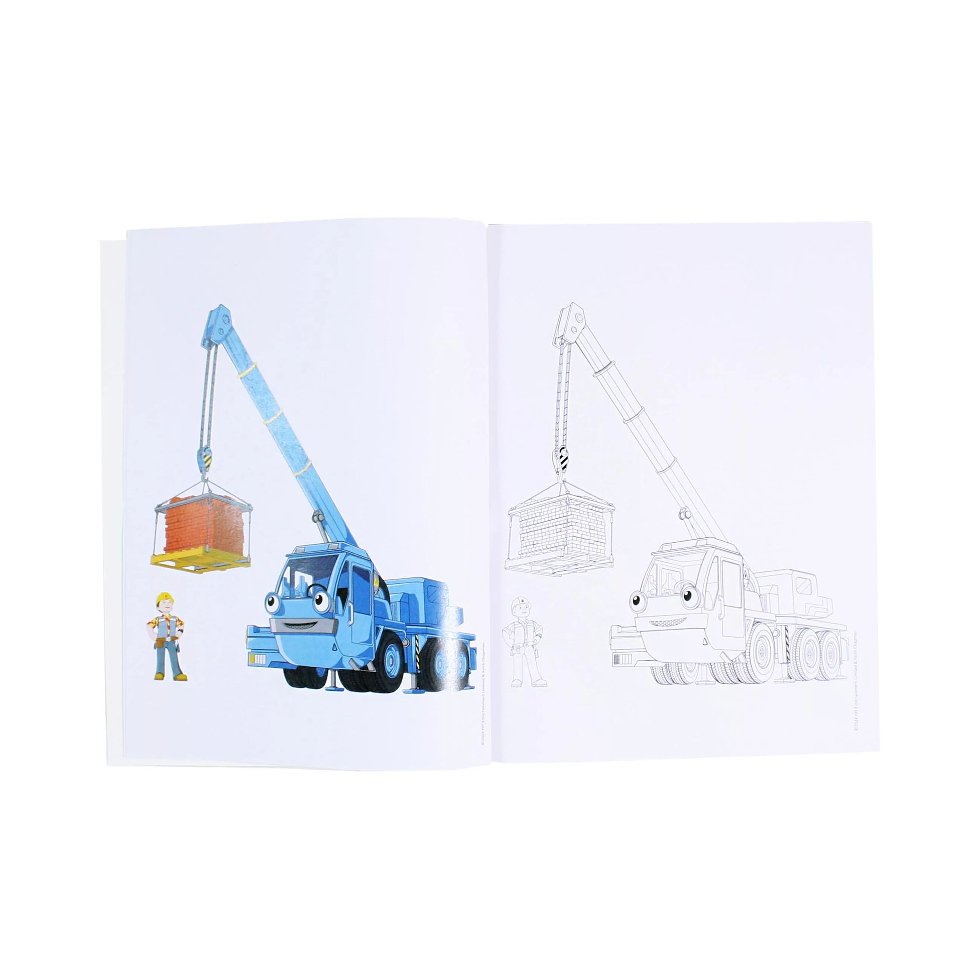 Interior spread of Bob the Builder Colouring 4 Book showing sample build scenes ready for kids' colourful creations