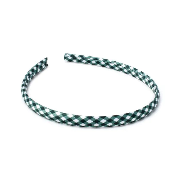 Bottle Green Gingham Alice Band, 1 cm Wide, Recycled Materials