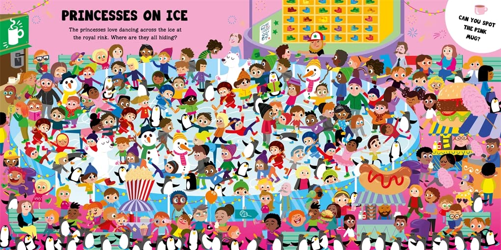 Busy search page with princesses in activity book