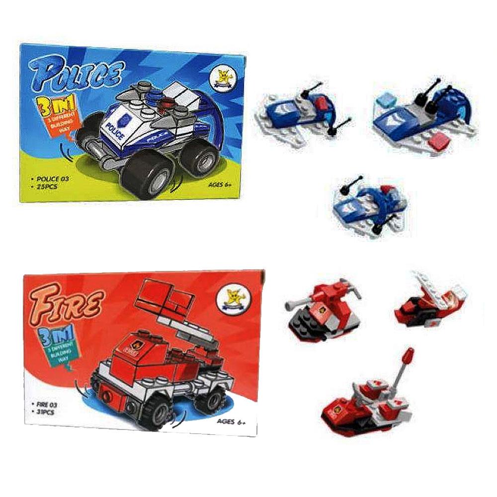 Police Car & Fire Engine 3 in 1 Building Block Brick Kit - Anilas UK