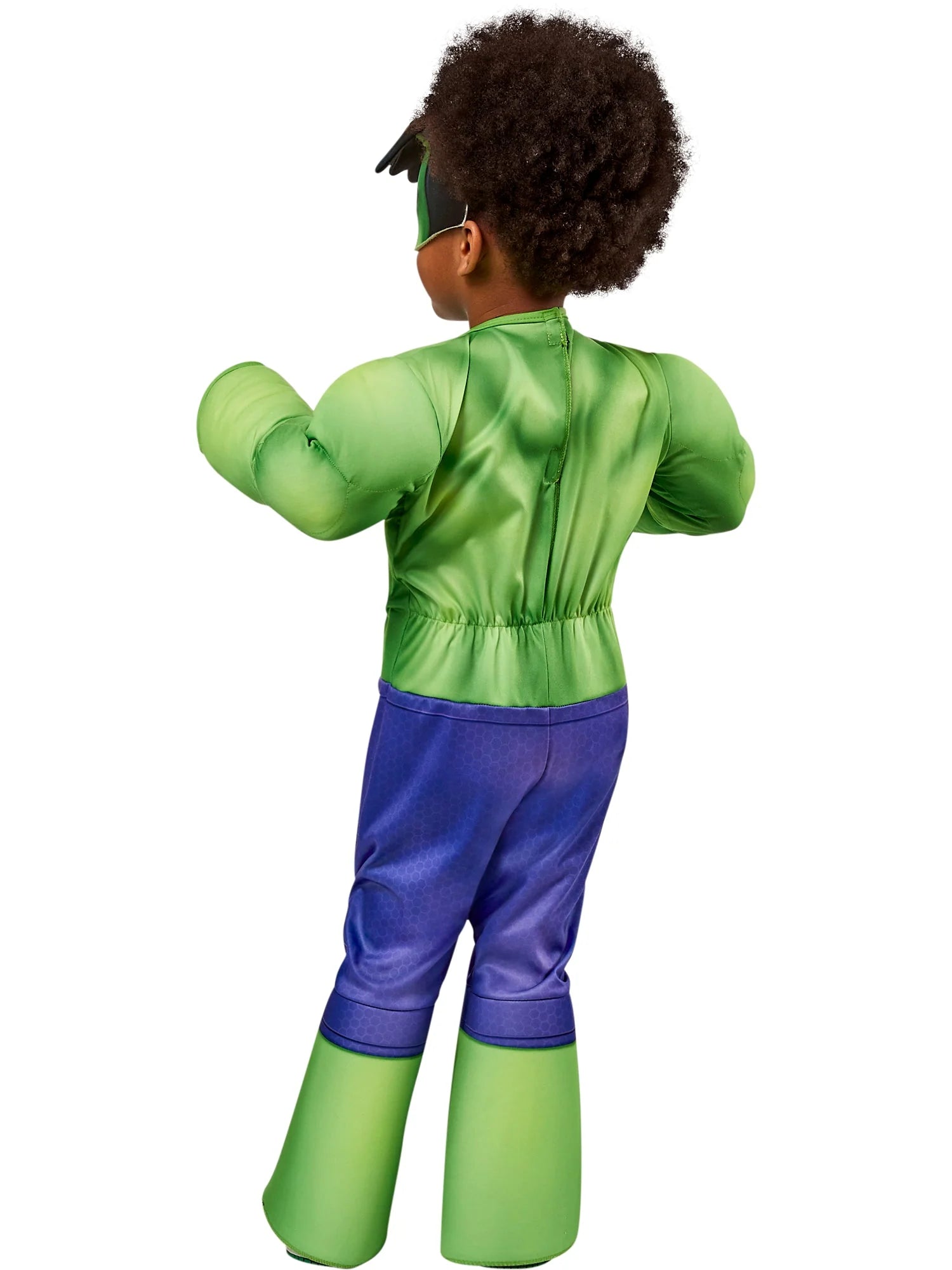 Child's Deluxe Hulk Marvel Costume back view highlighting breathable polyester padding and easy-zip design for active smashing adventures