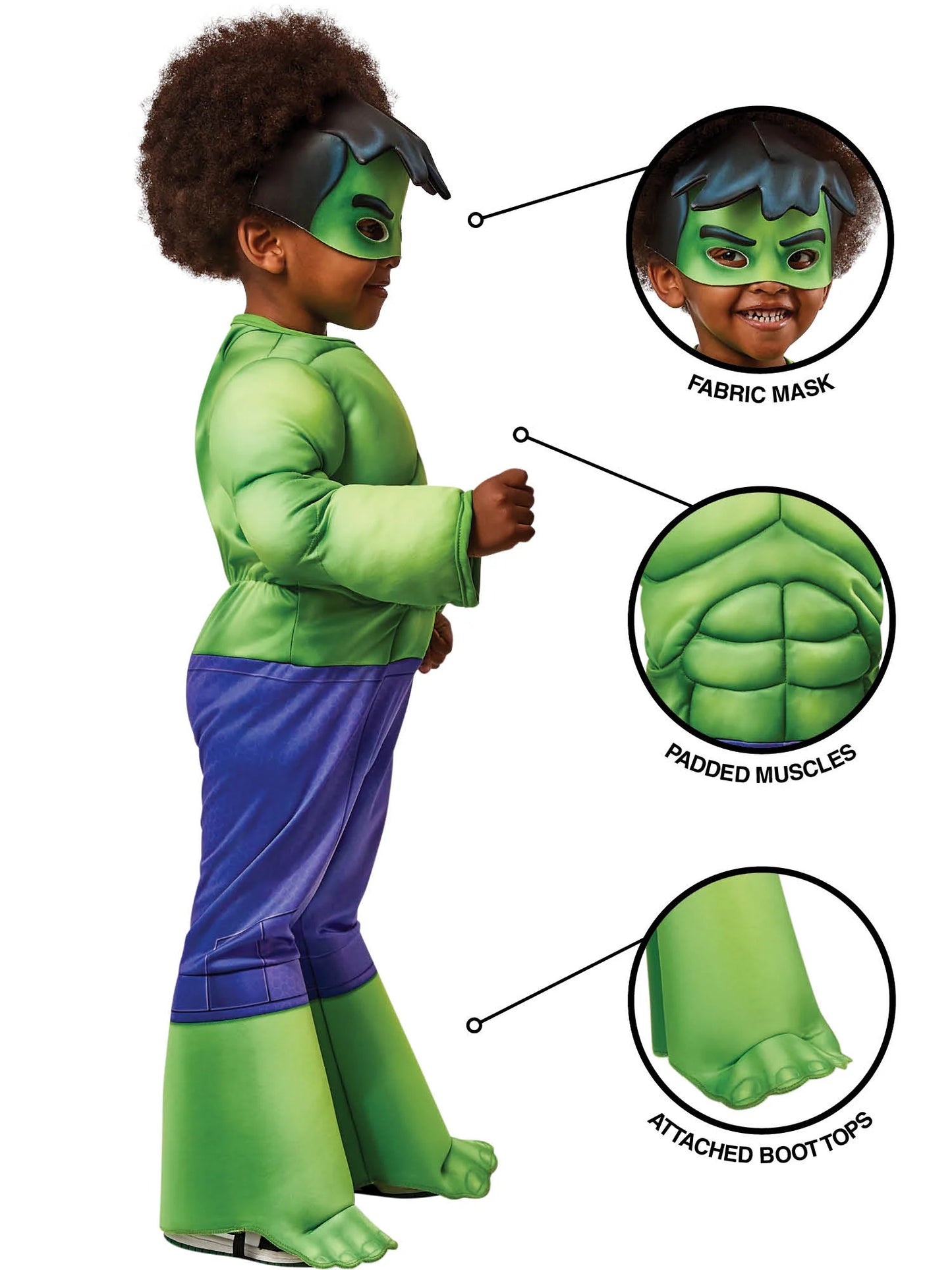 Child's Deluxe Hulk Marvel Costume detail view showing padded green jumpsuit with boot tops and fabric headpiece for toddlers 3-4 role-play fun