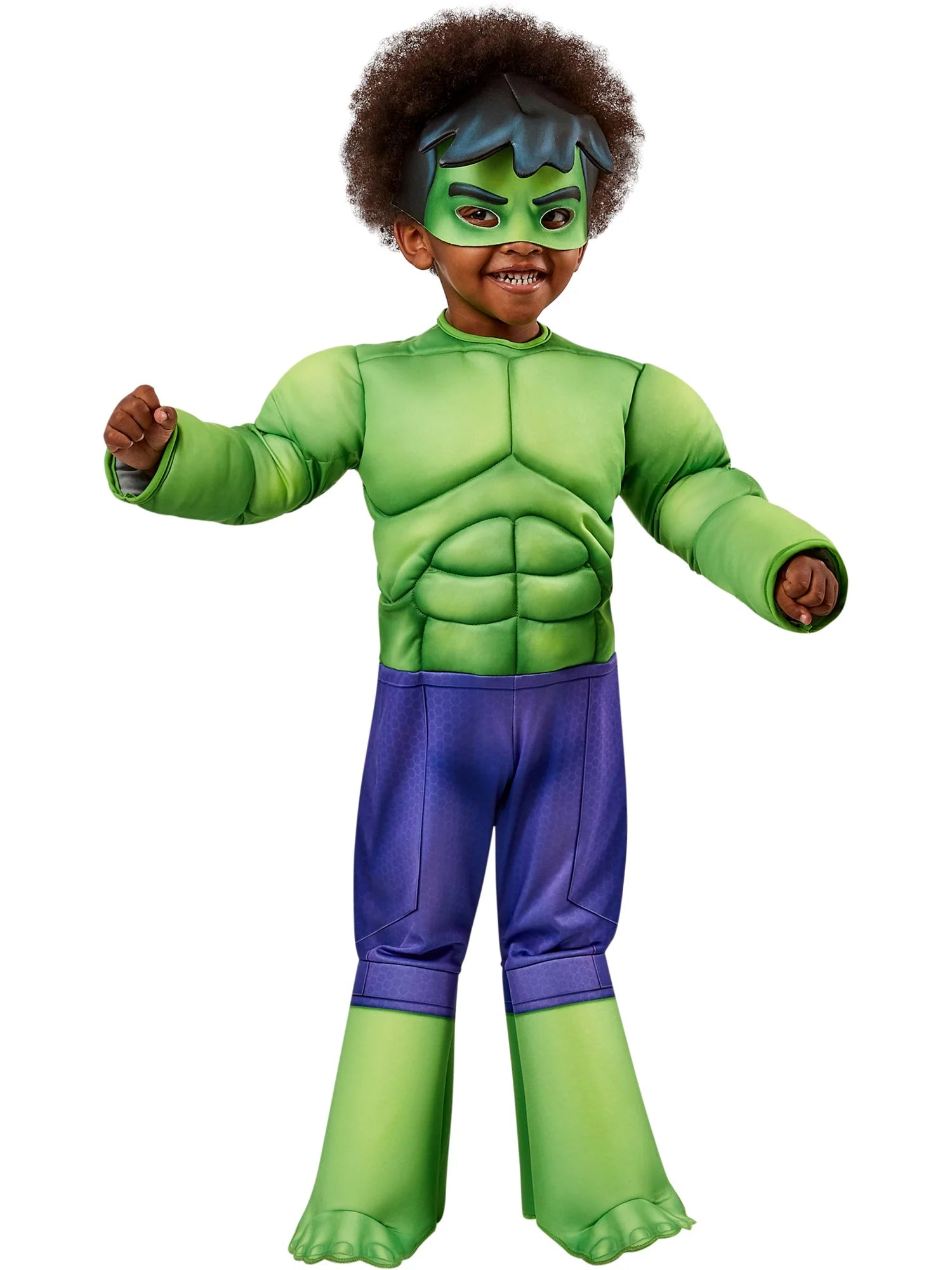 Child's Deluxe Hulk Marvel Costume front view showing padded green jumpsuit with boot tops and fabric headpiece for toddlers 2-4 role-play fun