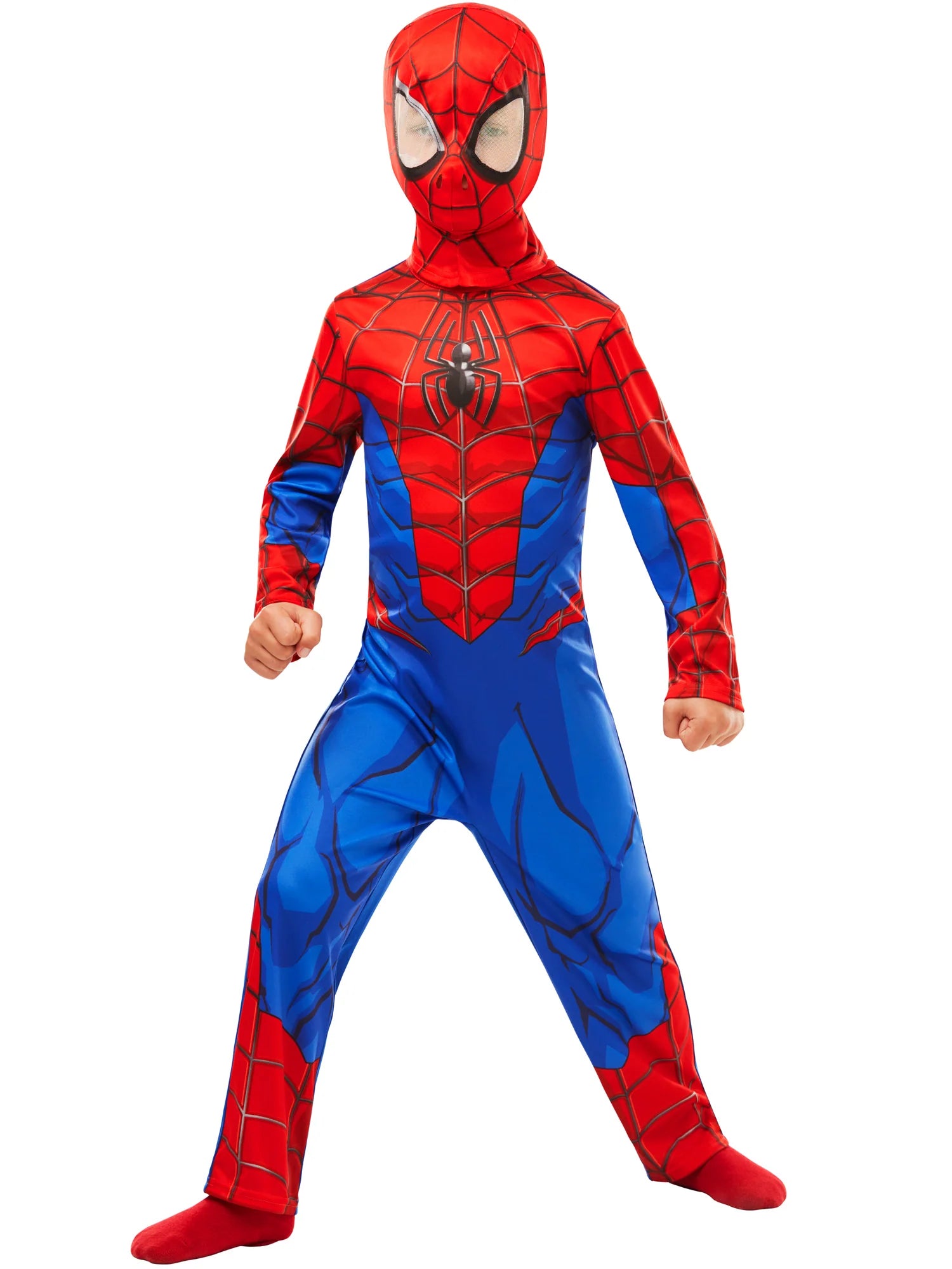 Child's Spider-Man Marvel Costume front view showing printed red-blue jumpsuit with webbing and snood hood for kids 3-10 role-play fun
