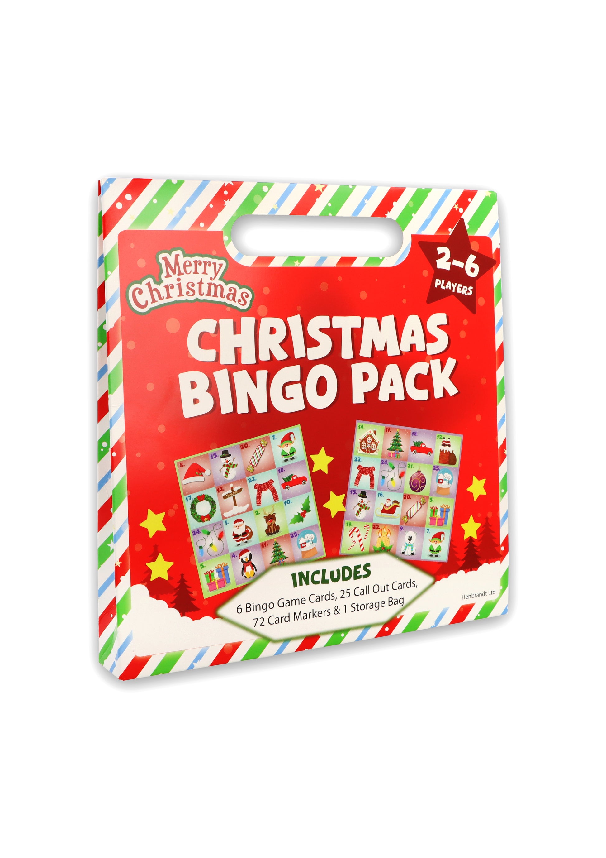 Christmas Bingo Game Pack front view showing 6 cards, call-outs, markers, and storage bag in 20x19.5x2.5cm box for kids' festive family fun aged 4+