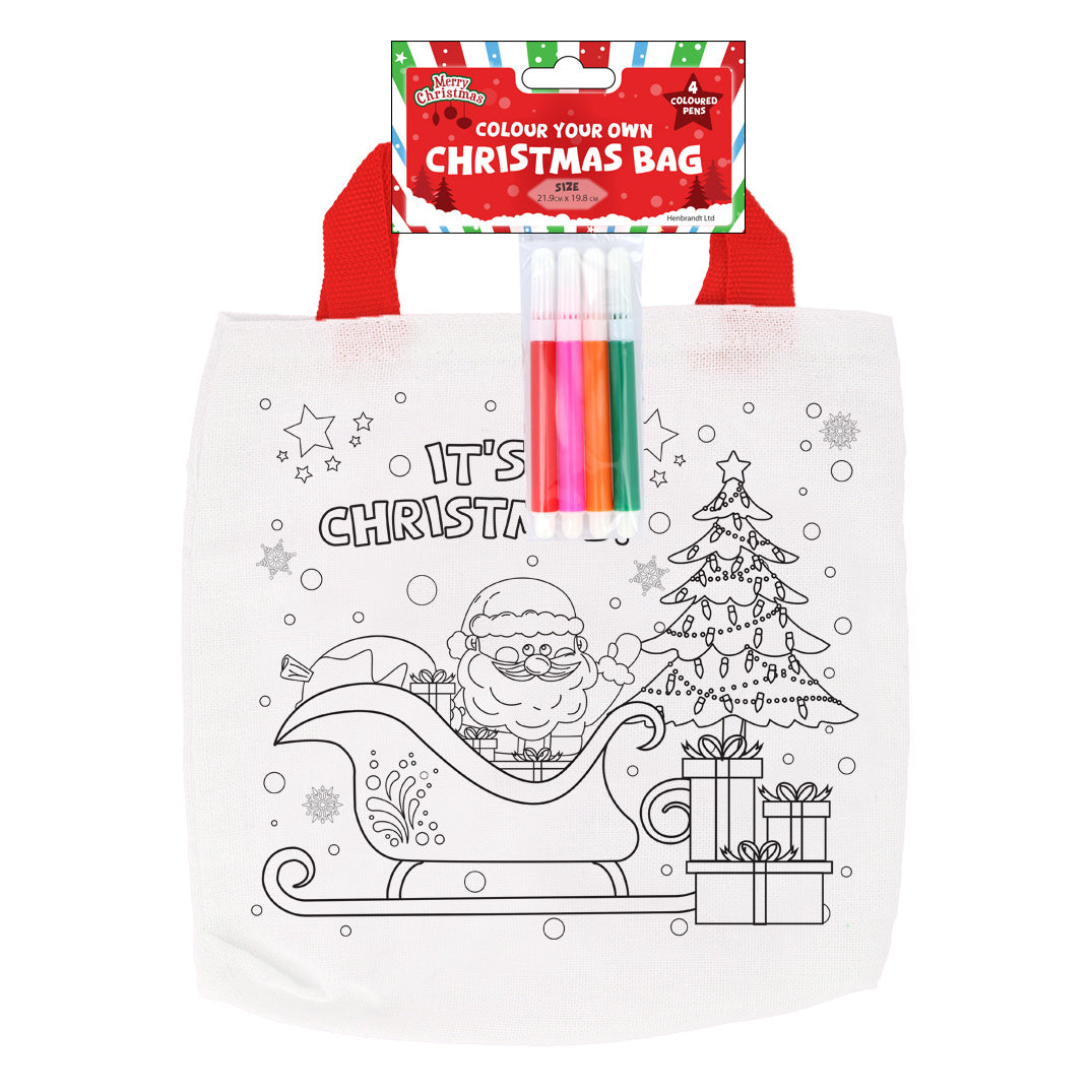 Three assorted Christmas tote bag designs for colouring