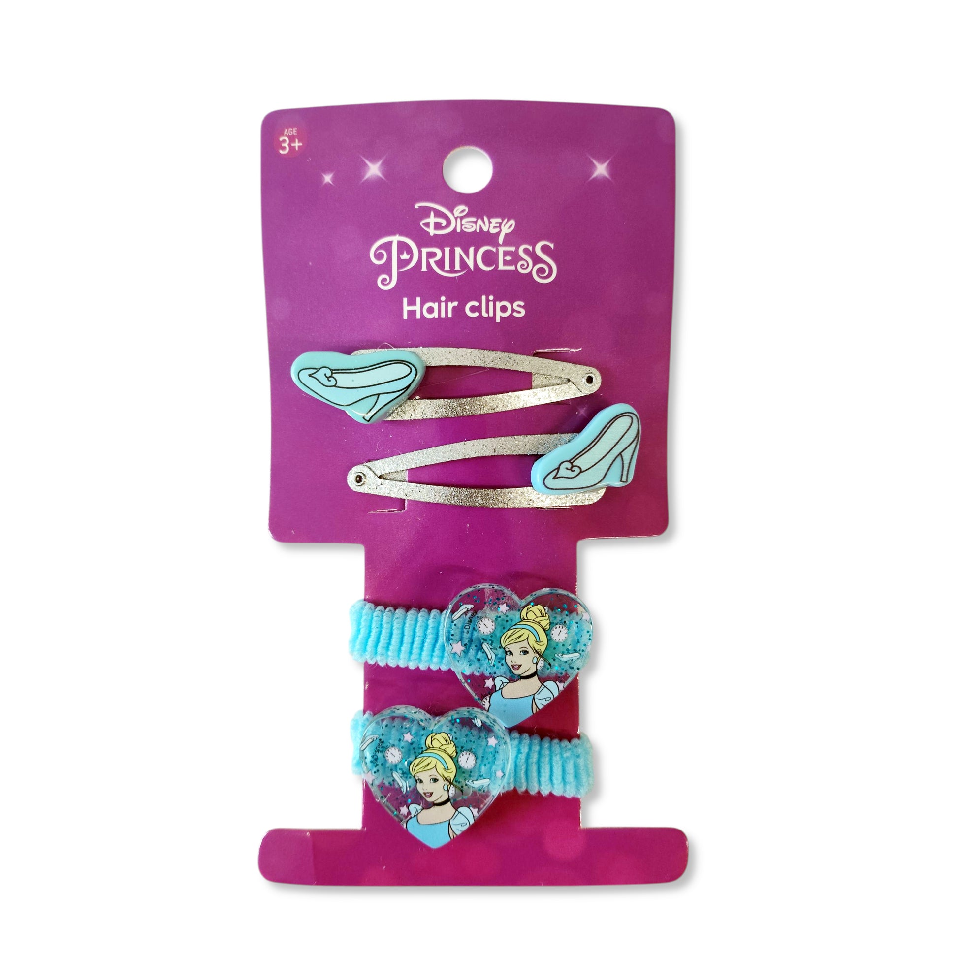 Pack of 4 Cinderella Princess Hair Accessories front view showing two glittery silver clips with glass slipper motifs and two blue elastics with heart Cinderella charms