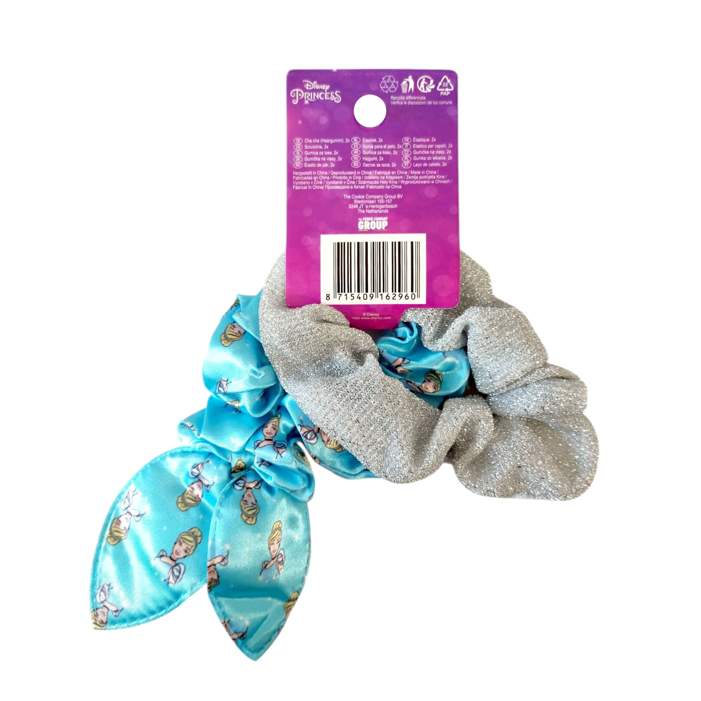 Pack of 2 Cinderella Princess Scrunchies back view underscoring plush stretchy material and easy-wear elastic bands