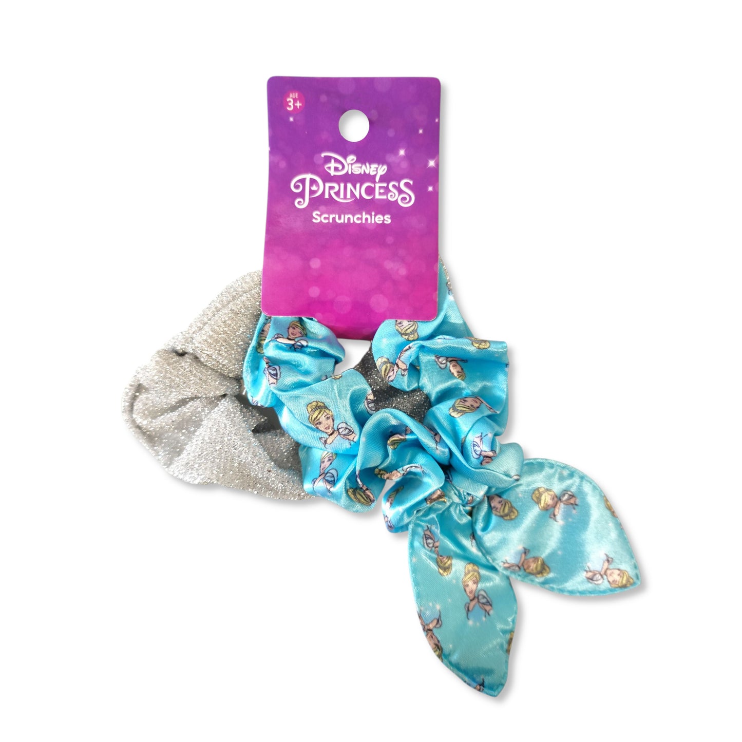 Pack of 2 Cinderella Princess Scrunchies front view featuring one shiny silver elastic scrunchie and one blue with Cinderella portrait motif