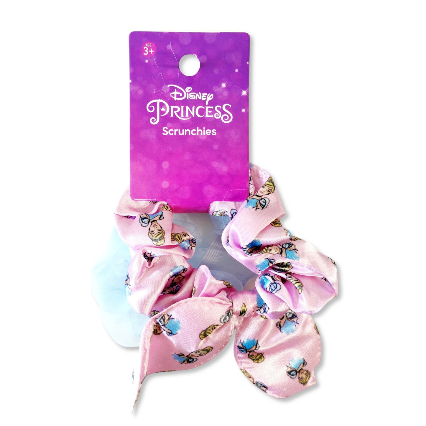 Pack of 2 Cinderella Princess Scrunchies front view showing one translucent blue elastic scrunchie and one pink with Cinderella portrait motif