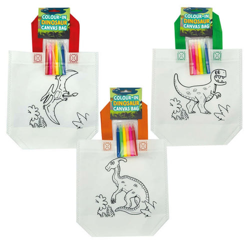 Colour-In Dinosaur Canvas Bag with 6 Felt Pens for kids’ crafts