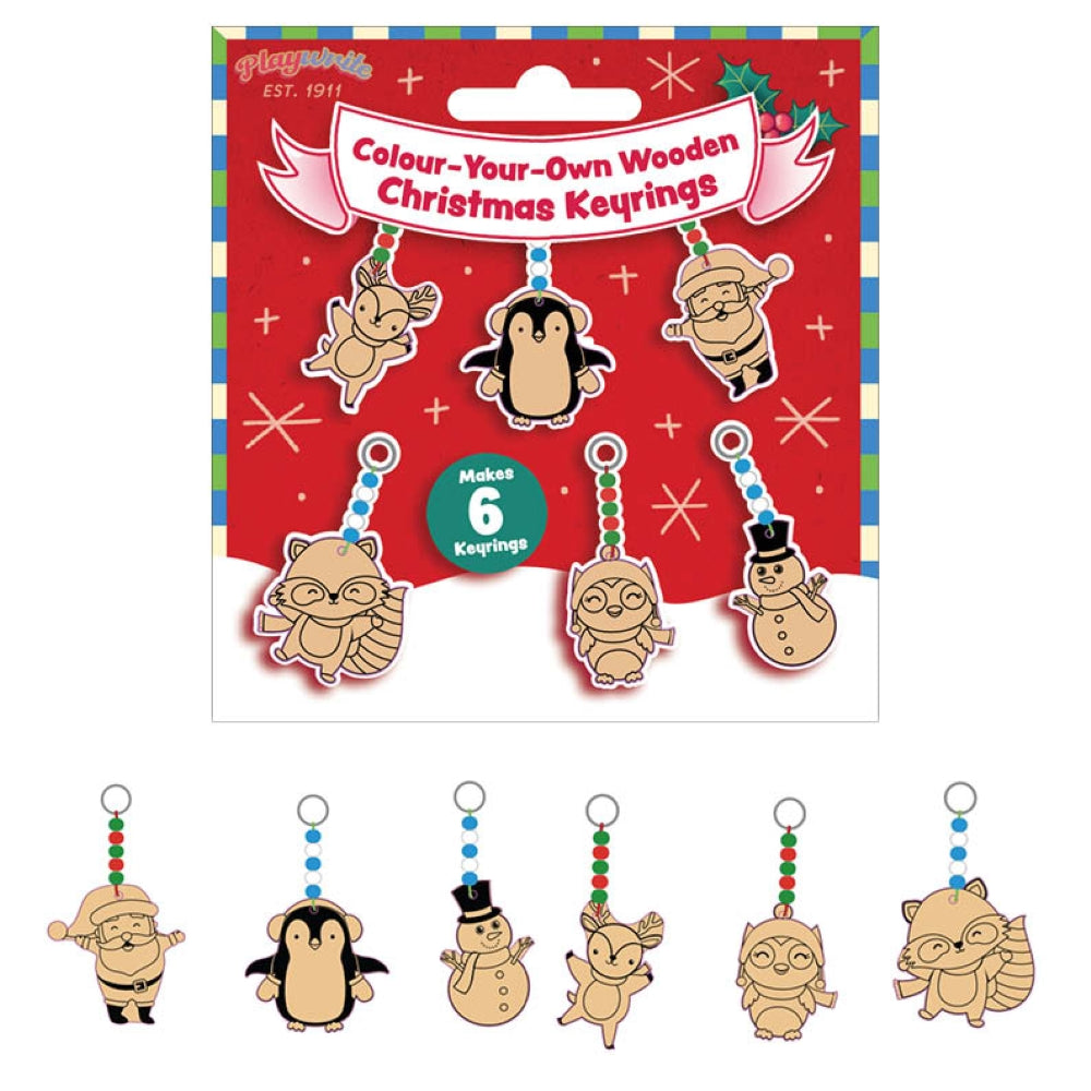 6-pack wooden Christmas keyrings for kids to colour