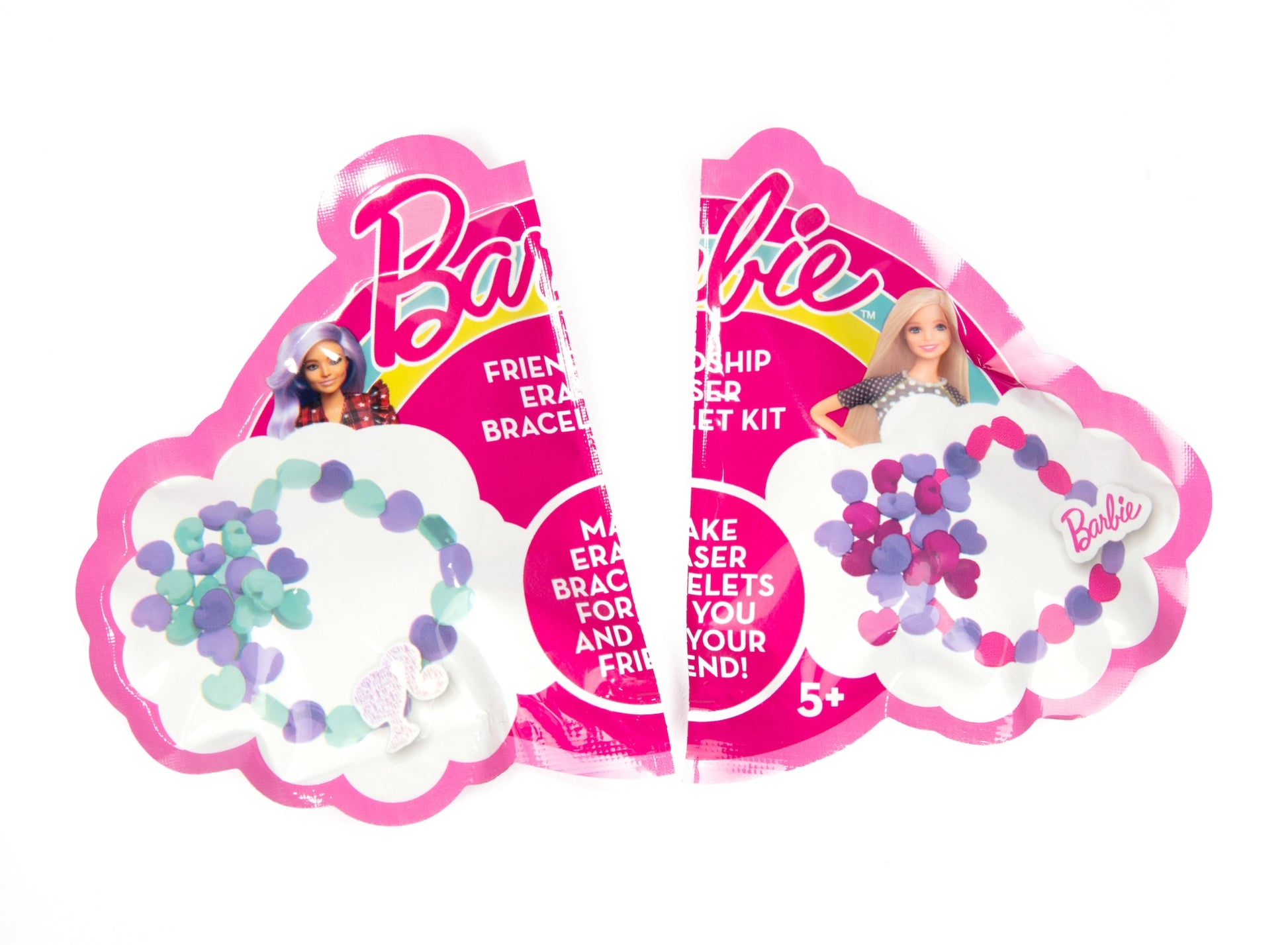 Completed friendship bracelets from Barbie Eraser Bracelet Kit in pastel colours