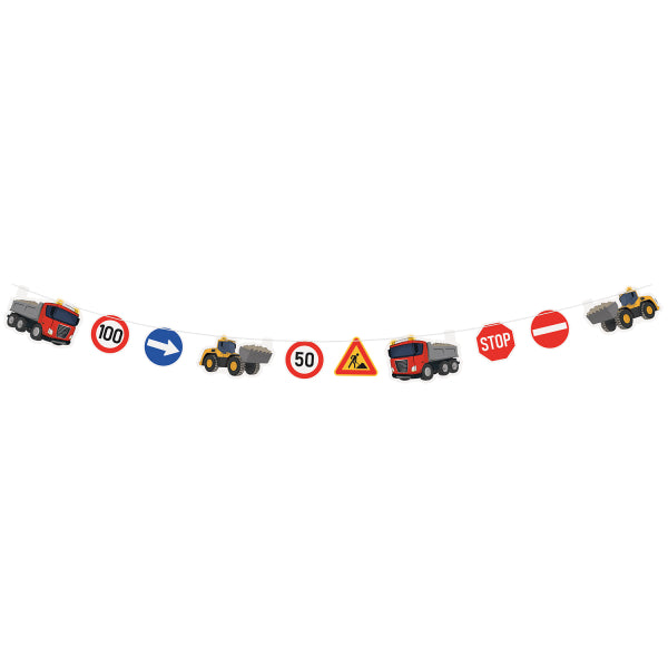 Construction Party Paper Banner 170x13cm with truck, excavator and road signs