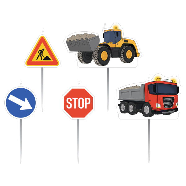 Construction Party 5 Candles with truck, excavator and signs on plastic picks