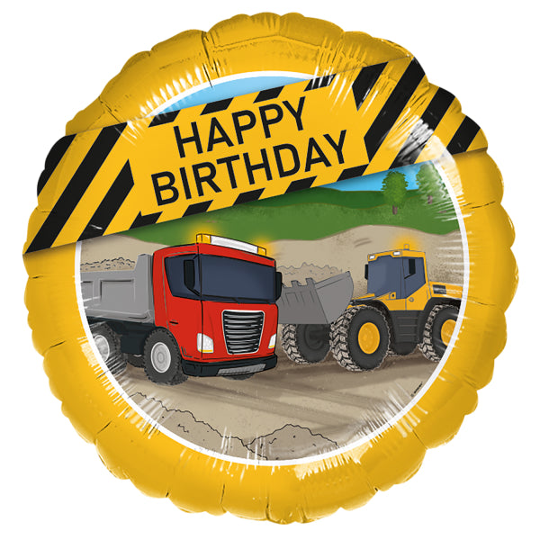 Construction Party Foil Balloon 43cm with red truck, yellow excavator and Happy Birthday