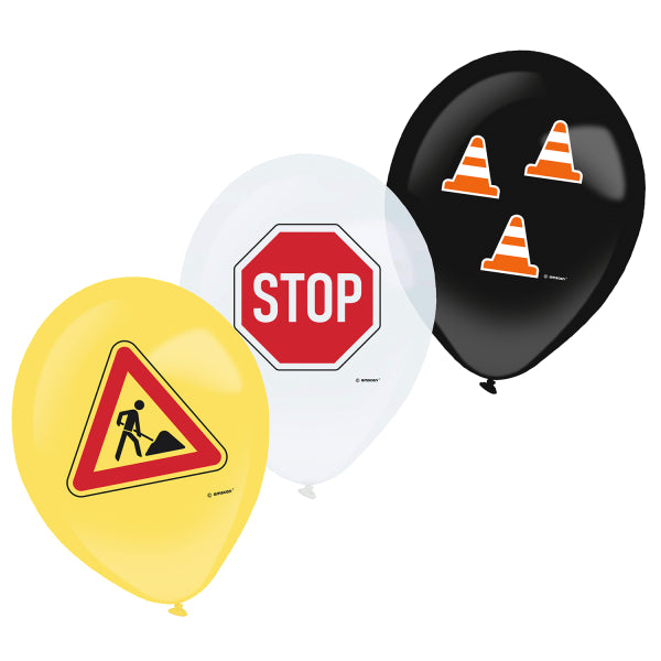 Construction Party 6 Latex Balloons 27cm pack with signs, stop signs and traffic cones designs