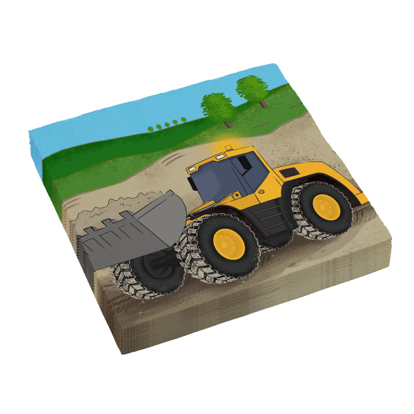 Construction Party Square Paper Napkins 33cm with red truck and yellow excavator