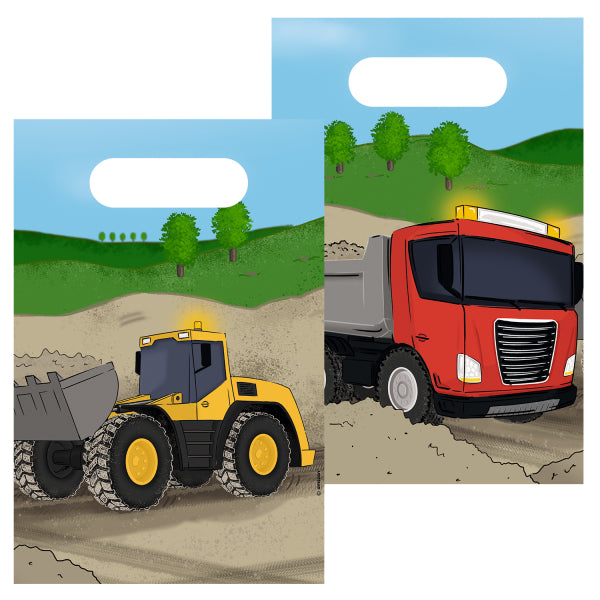 Construction Party 8 Paper Bags with red truck and yellow excavator design